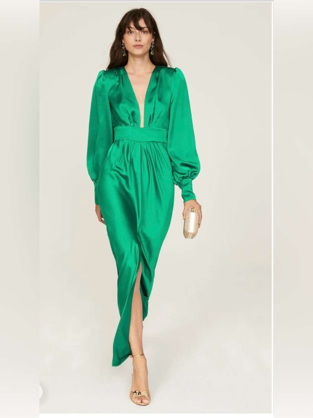 Ramy Brook Madeline Plunge Neck Long Sleeve Gown — Emerald Green | Size 2